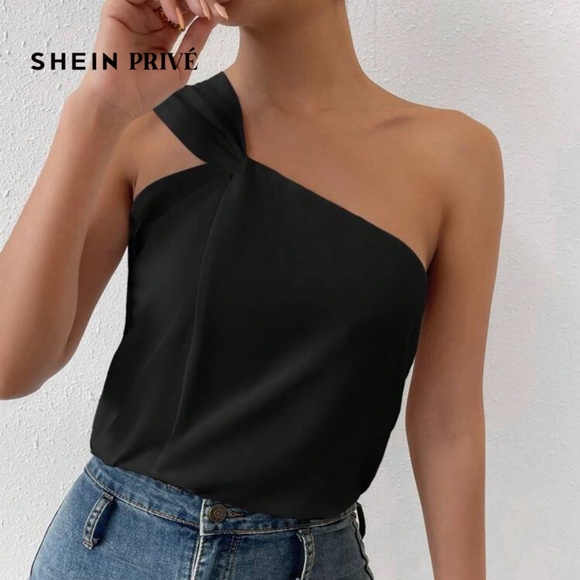 Shein One Shoulder/ Asymmetrical Twist Black Top - Picture 1 of 3